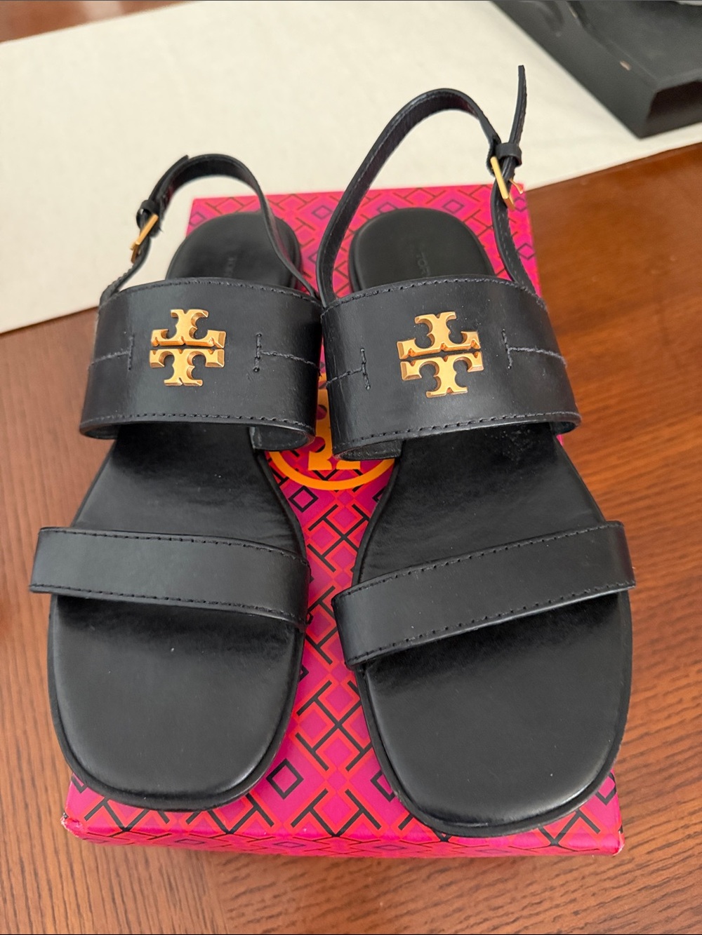 Tory Burch Black Leather Slingback Sandals with Gold Logo Medallions